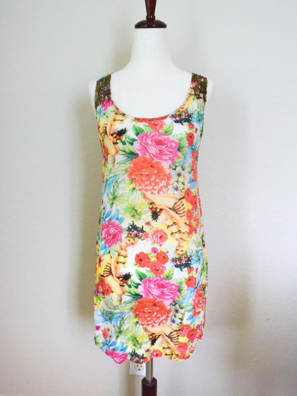 *OndadeMar* Sleeveless Tropical Floral & Pin-Up Print Tank Dress/Cover-up- SMALL